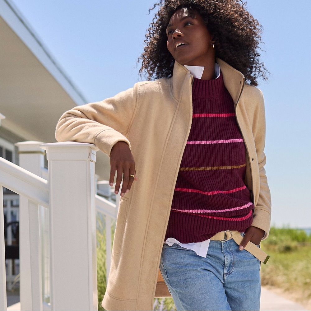 LANDS END L Drifter Shaker Easy Fit Mock Neck Tunic Sweater Rich Burgundy Stripe